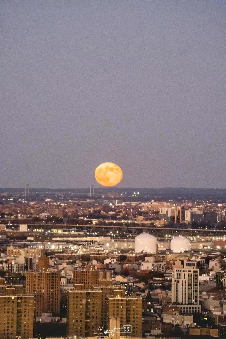 Orange full moon rising above city rooftops